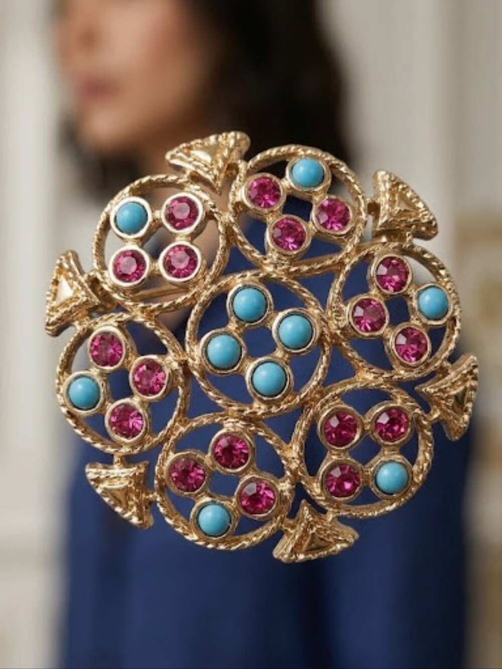 ​Vintage Sarah Coventry Silver Tone Pink Rhinestone And Faux Turquoise Brooch​